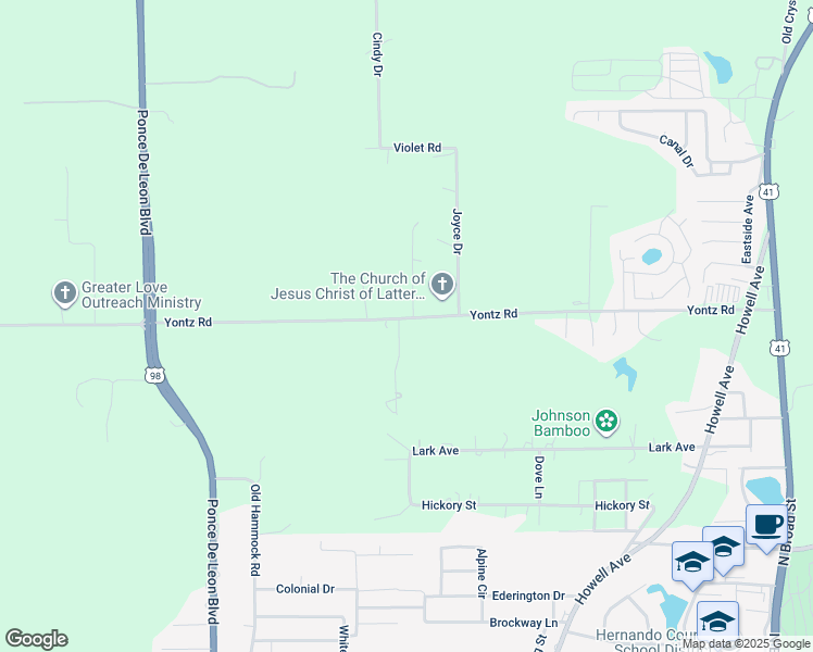 map of restaurants, bars, coffee shops, grocery stores, and more near 20484 Yontz Road in Brooksville