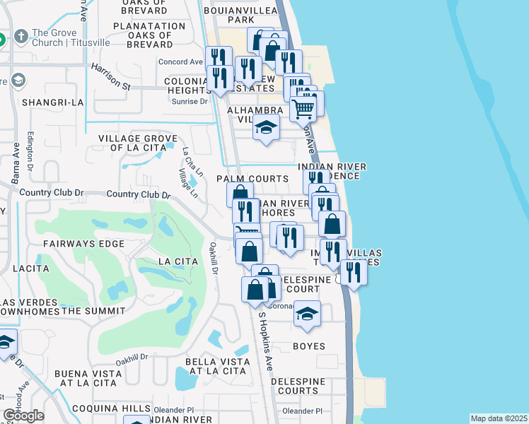 map of restaurants, bars, coffee shops, grocery stores, and more near 225 Seminole Avenue in Titusville