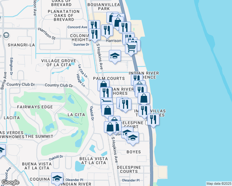 map of restaurants, bars, coffee shops, grocery stores, and more near 225 Seminole Avenue in Titusville
