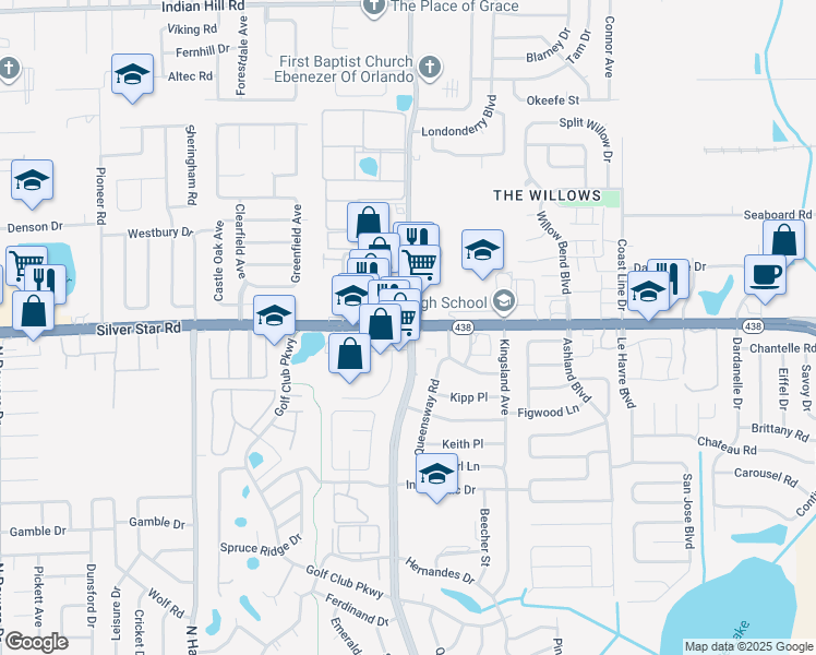map of restaurants, bars, coffee shops, grocery stores, and more near 2704 North Pine Hills Road in Pine Hills