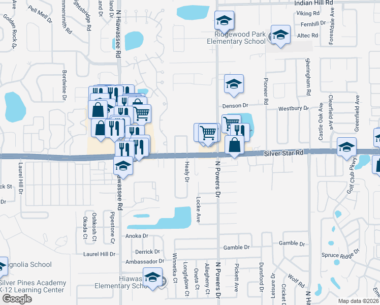 map of restaurants, bars, coffee shops, grocery stores, and more near 6357 Silver Star Road in Pine Hills