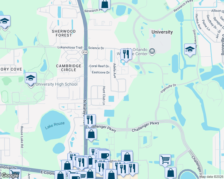 map of restaurants, bars, coffee shops, grocery stores, and more near 2735 Coral Reef Drive in Orlando