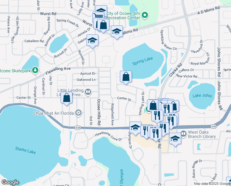 map of restaurants, bars, coffee shops, grocery stores, and more near 1287 Vickers Lake Drive in Ocoee