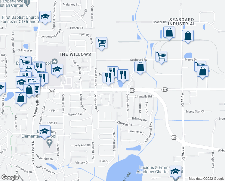 map of restaurants, bars, coffee shops, grocery stores, and more near 4601 Rose Coral Drive in Orlando