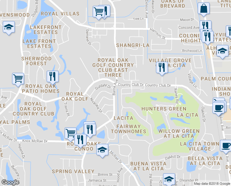 map of restaurants, bars, coffee shops, grocery stores, and more near 3417 Barna Avenue in Titusville