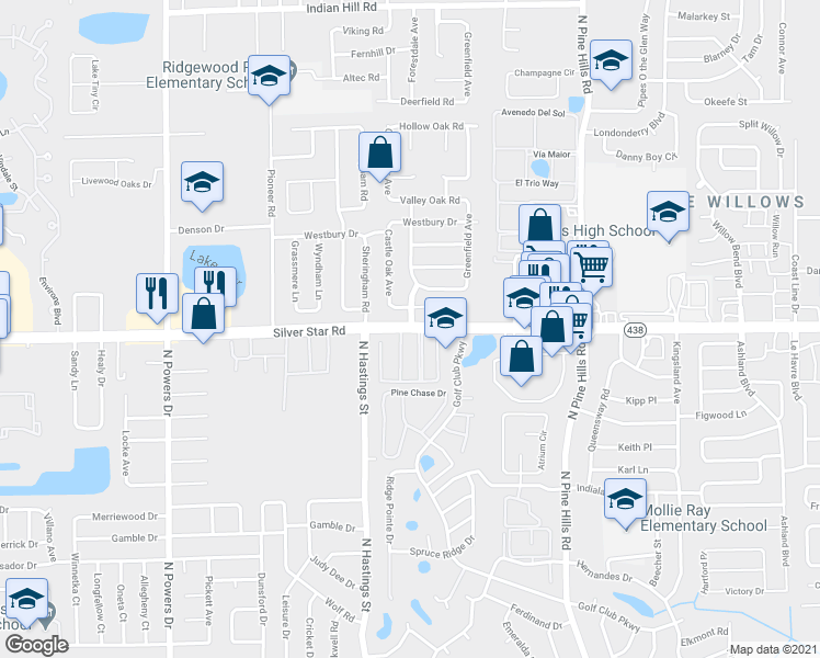 map of restaurants, bars, coffee shops, grocery stores, and more near 5583 Silver Star Road in Orlando