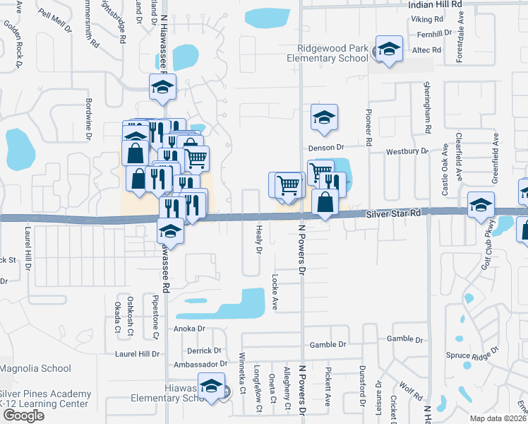 map of restaurants, bars, coffee shops, grocery stores, and more near 6357 Silver Star Road in Pine Hills