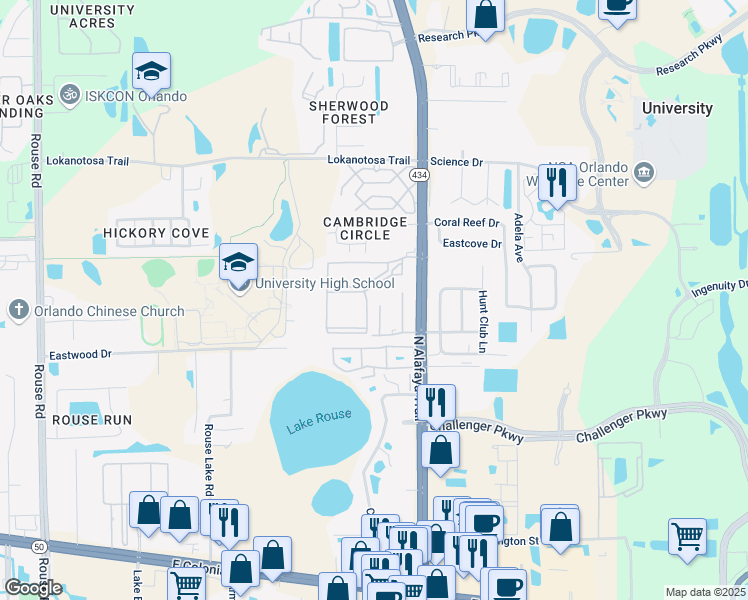 map of restaurants, bars, coffee shops, grocery stores, and more near 2664 Laser Court in Orlando