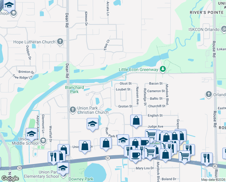 map of restaurants, bars, coffee shops, grocery stores, and more near 2342 Juno Avenue in Orlando