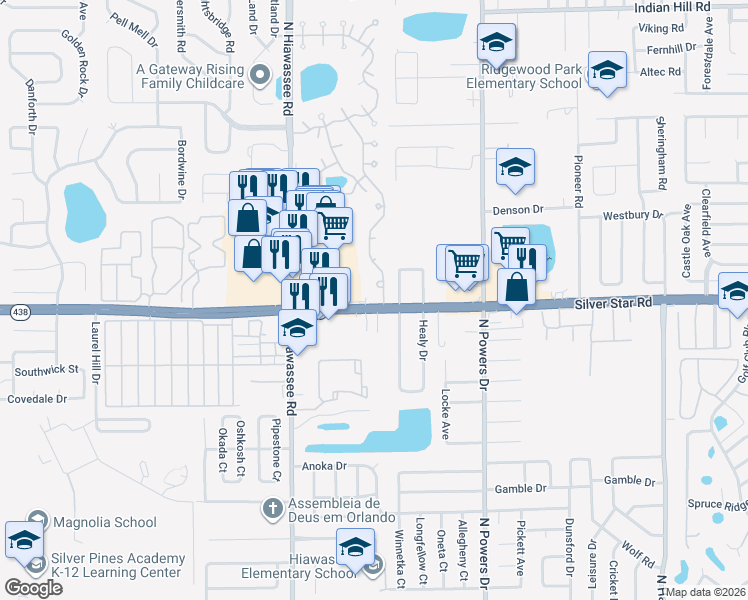 map of restaurants, bars, coffee shops, grocery stores, and more near 6781 Silver Star Road in Orlando
