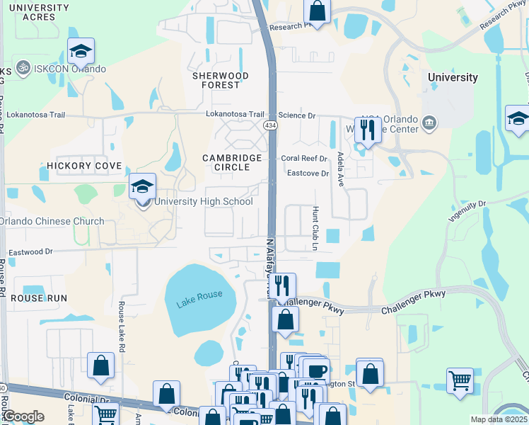 map of restaurants, bars, coffee shops, grocery stores, and more near 2709 Graduate Court in Orlando