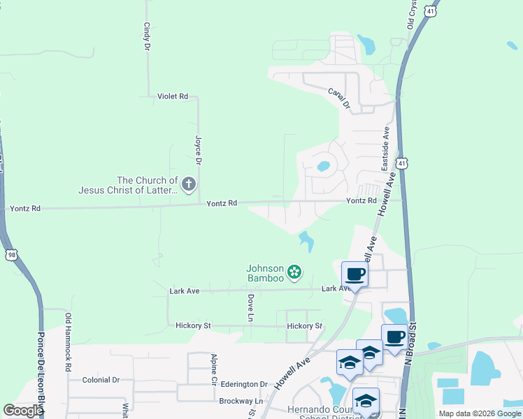 map of restaurants, bars, coffee shops, grocery stores, and more near 21162 Yontz Road in Brooksville
