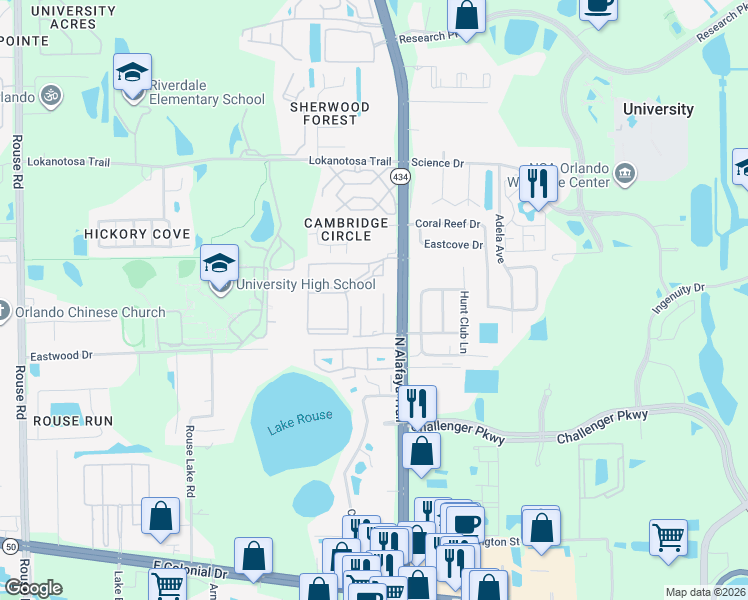 map of restaurants, bars, coffee shops, grocery stores, and more near 2709 Graduate Court in Orlando
