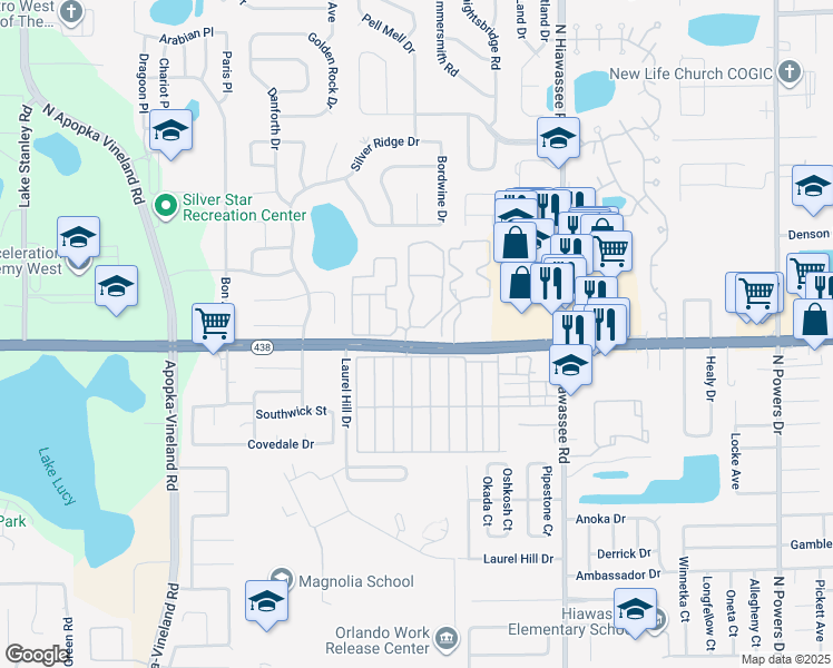 map of restaurants, bars, coffee shops, grocery stores, and more near 2603 Silkwood Circle in Orlando