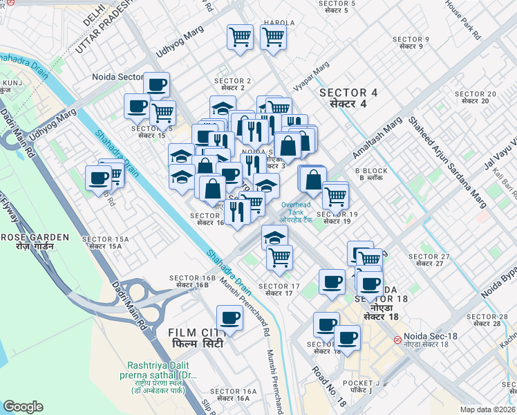 map of restaurants, bars, coffee shops, grocery stores, and more near B-23 Captain Vijyant Thapar Marg in Noida