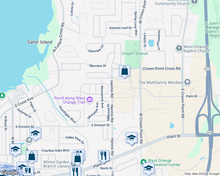 map of restaurants, bars, coffee shops, grocery stores, and more near 819 Meadow Glade Drive in Winter Garden