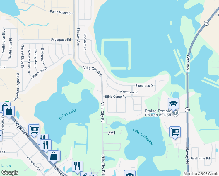 map of restaurants, bars, coffee shops, grocery stores, and more near 3007 Lorimer Court in Groveland