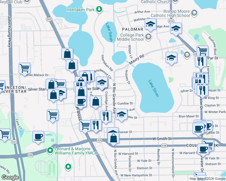 map of restaurants, bars, coffee shops, grocery stores, and more near 1500 Silver Star Road in Orlando