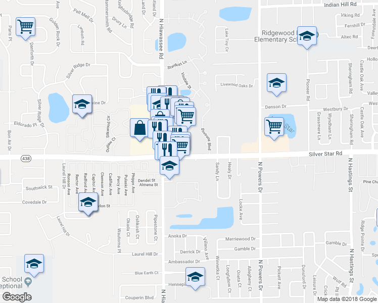 map of restaurants, bars, coffee shops, grocery stores, and more near 6897 Silver Star Road in Orlando