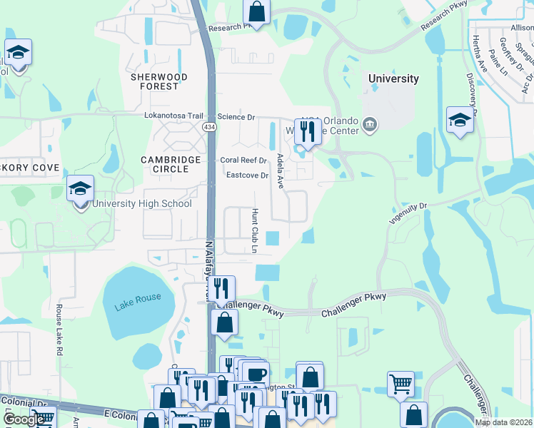 map of restaurants, bars, coffee shops, grocery stores, and more near 2735 Coral Reef Drive in Orlando
