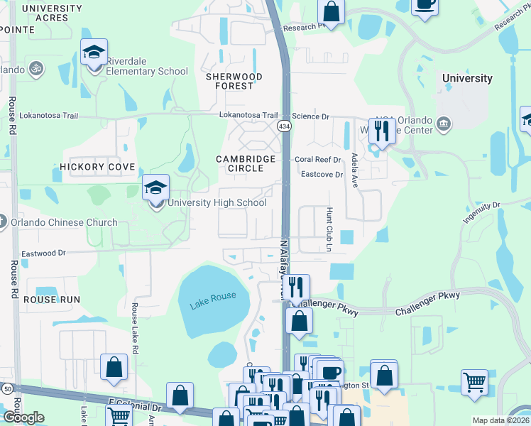 map of restaurants, bars, coffee shops, grocery stores, and more near 2709 Graduate Court in Orlando