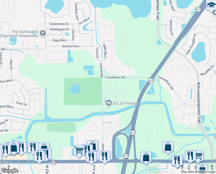 map of restaurants, bars, coffee shops, grocery stores, and more near 8660 Trevarthon Road in Orlando