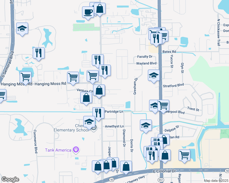 map of restaurants, bars, coffee shops, grocery stores, and more near 7134 Memory Lane in Orlando