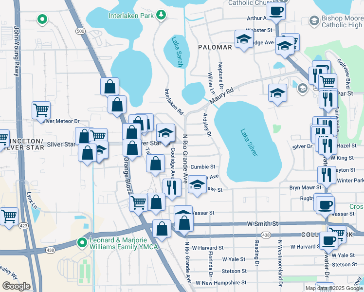 map of restaurants, bars, coffee shops, grocery stores, and more near 1500 Silver Star Road in Orlando