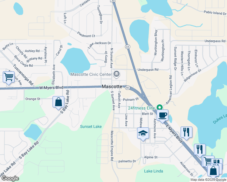 map of restaurants, bars, coffee shops, grocery stores, and more near 19 South Sunset Avenue in Mascotte