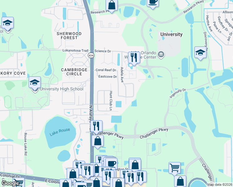 map of restaurants, bars, coffee shops, grocery stores, and more near 2735 Coral Reef Drive in Orlando
