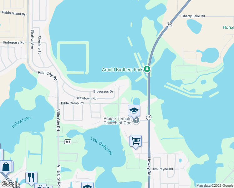 map of restaurants, bars, coffee shops, grocery stores, and more near 2100 Newtown Road in Groveland