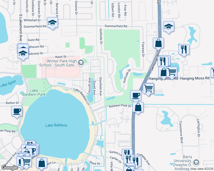 map of restaurants, bars, coffee shops, grocery stores, and more near 1321 Medinah Court in Winter Park