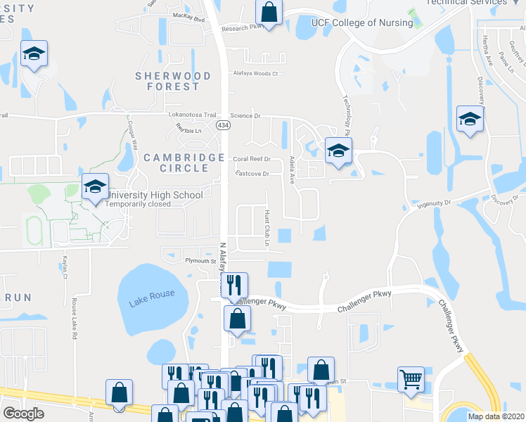 map of restaurants, bars, coffee shops, grocery stores, and more near 2744 Hunt Club Lane in Orlando
