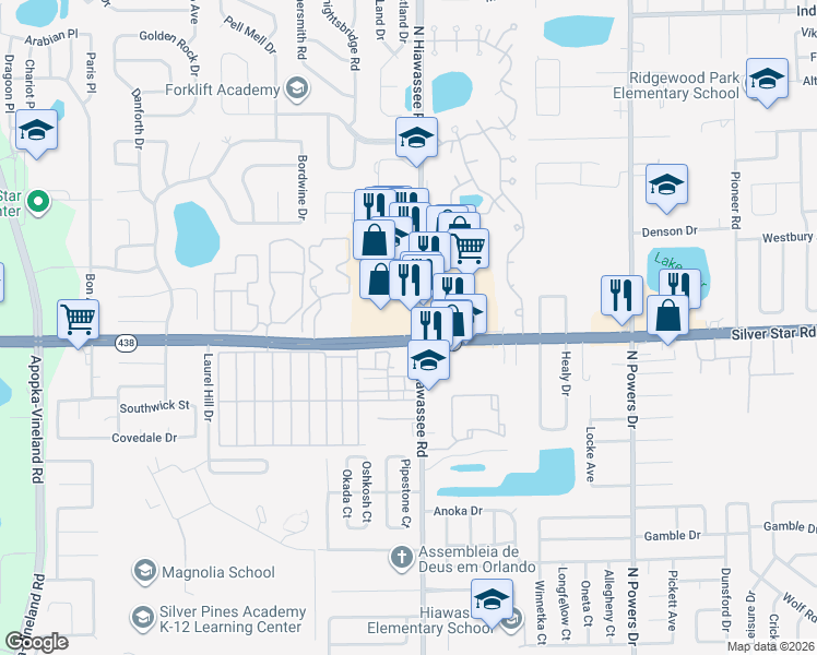 map of restaurants, bars, coffee shops, grocery stores, and more near 7105 Silver Star Road in Orlando