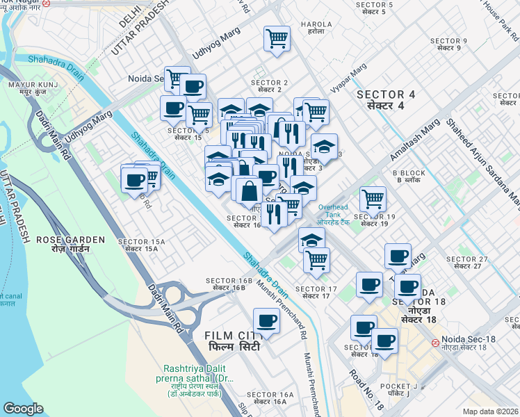 map of restaurants, bars, coffee shops, grocery stores, and more near in Noida