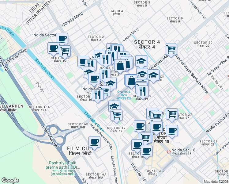 map of restaurants, bars, coffee shops, grocery stores, and more near B-23 Captain Vijyant Thapar Marg in Noida