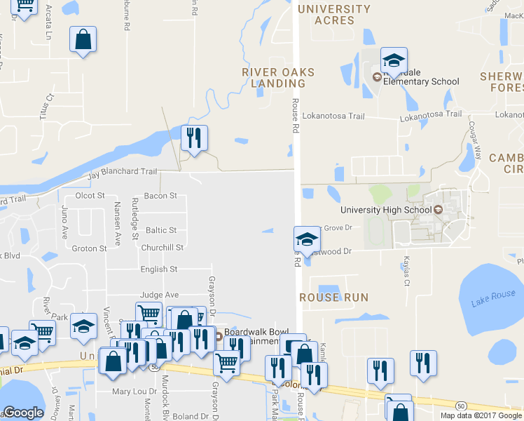 map of restaurants, bars, coffee shops, grocery stores, and more near 2328 Rouse Road in Orlando