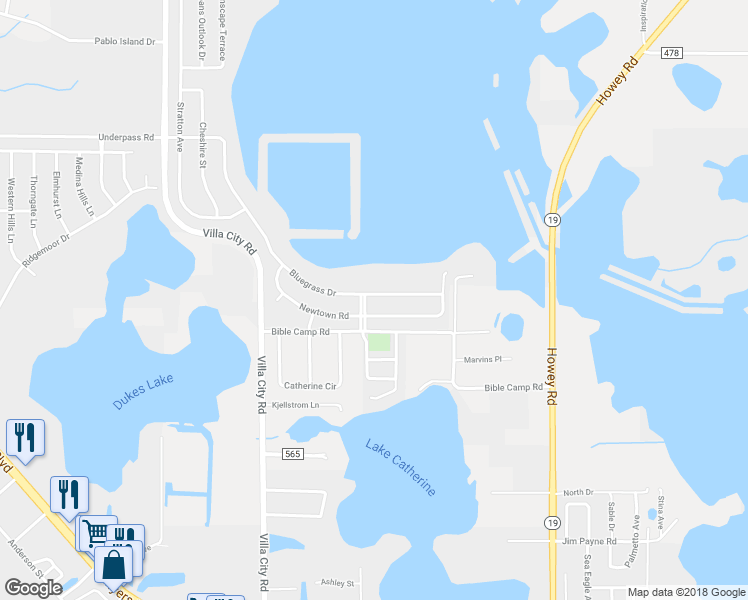 map of restaurants, bars, coffee shops, grocery stores, and more near 1110 Bluegrass Drive in Groveland