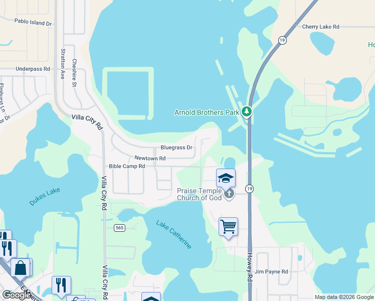 map of restaurants, bars, coffee shops, grocery stores, and more near 1140 Bluegrass Drive in Groveland