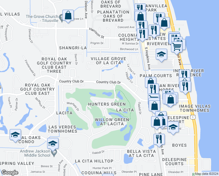 map of restaurants, bars, coffee shops, grocery stores, and more near 777 Country Club Drive in Titusville