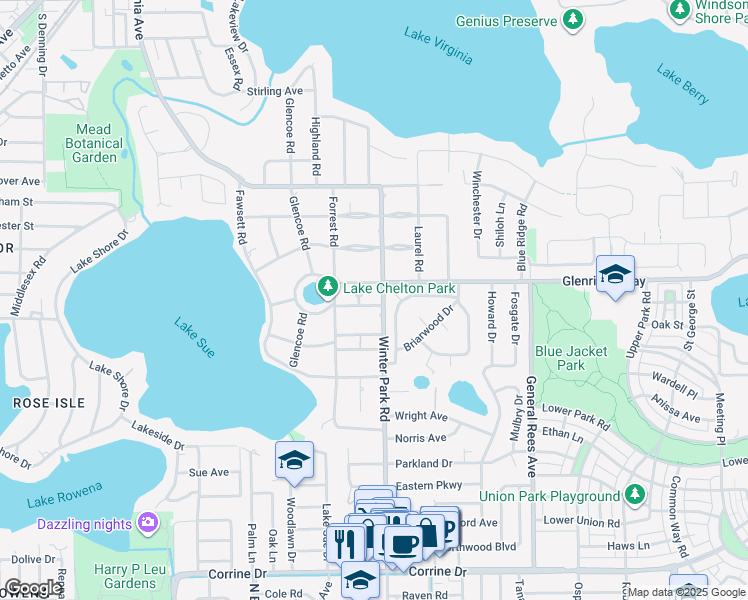 map of restaurants, bars, coffee shops, grocery stores, and more near 251 Dana Way in Winter Park