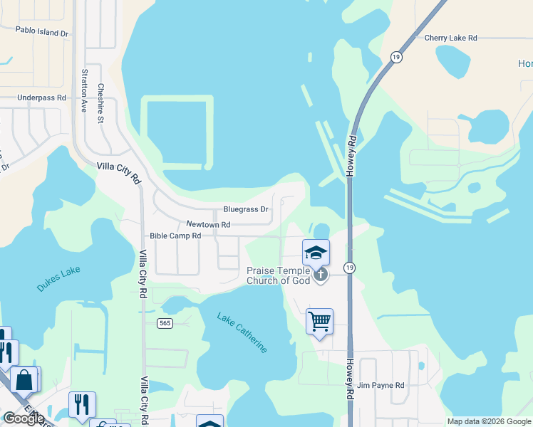 map of restaurants, bars, coffee shops, grocery stores, and more near 1144 Bluegrass Drive in Groveland