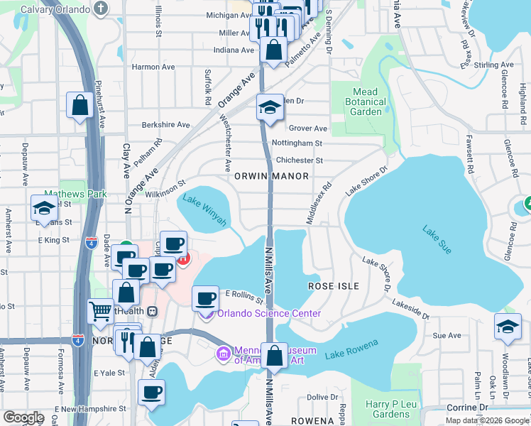 map of restaurants, bars, coffee shops, grocery stores, and more near 1124 Munster Street in Orlando
