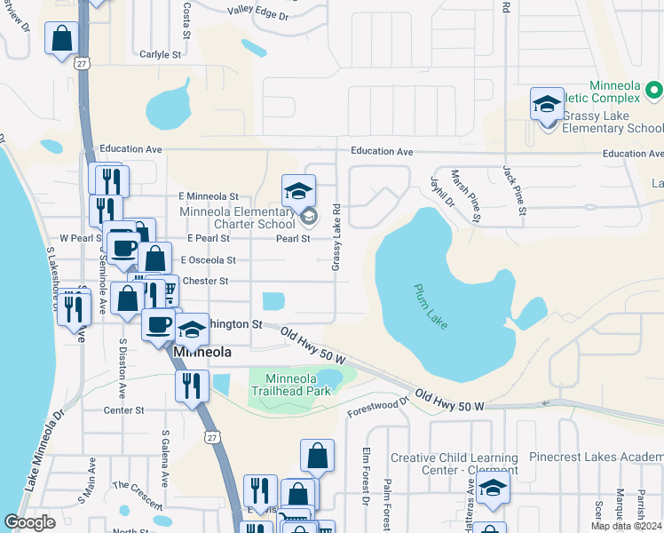 map of restaurants, bars, coffee shops, grocery stores, and more near 104 Grassy Lake Road in Clermont