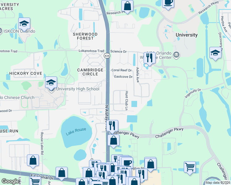 map of restaurants, bars, coffee shops, grocery stores, and more near 2745 Gray Fox Lane in Orlando