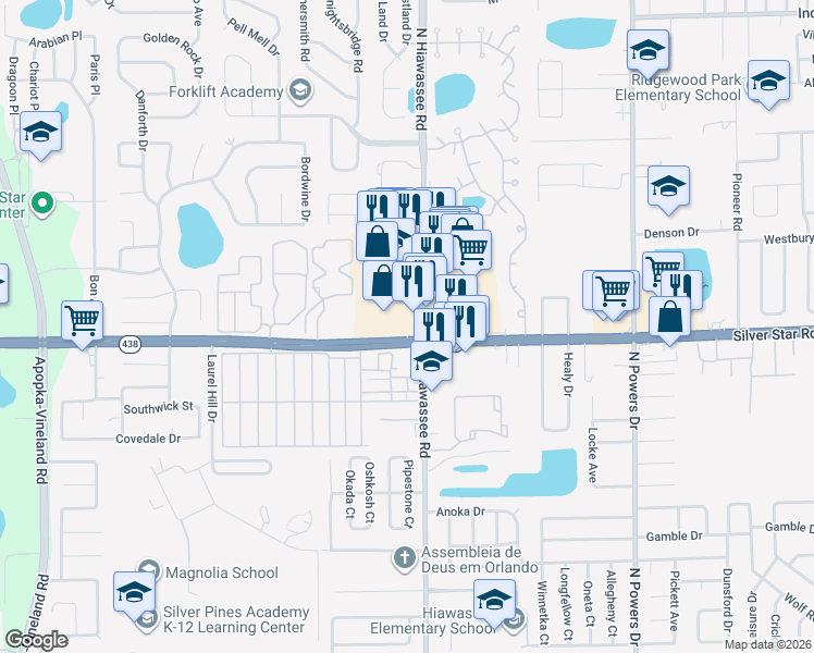 map of restaurants, bars, coffee shops, grocery stores, and more near 7105 Silver Star Road in Orlando