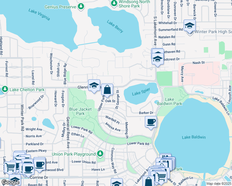 map of restaurants, bars, coffee shops, grocery stores, and more near 2904 Saint George Street in Orlando
