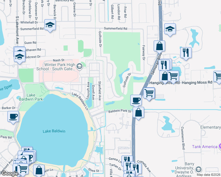 map of restaurants, bars, coffee shops, grocery stores, and more near 1321 Medinah Court in Winter Park