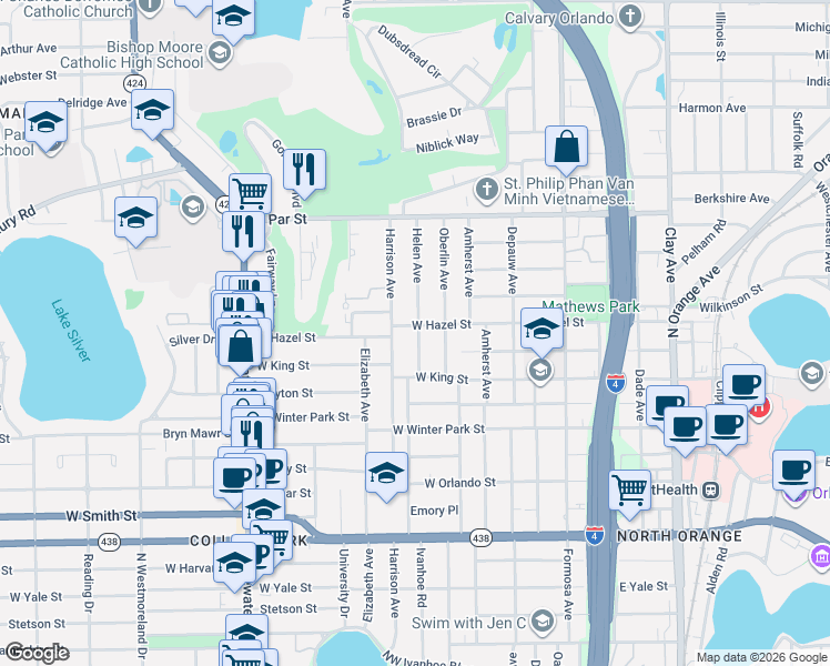 map of restaurants, bars, coffee shops, grocery stores, and more near 2939 Helen Avenue in Orlando