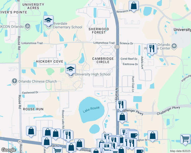 map of restaurants, bars, coffee shops, grocery stores, and more near 2714 College Knight Court in Orlando